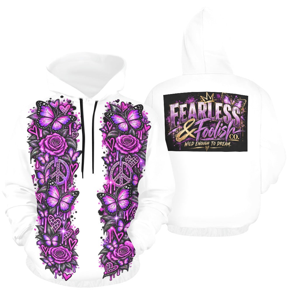Front and back of the white Fearless & Foolish hoodie with purple graphics and a branded back print