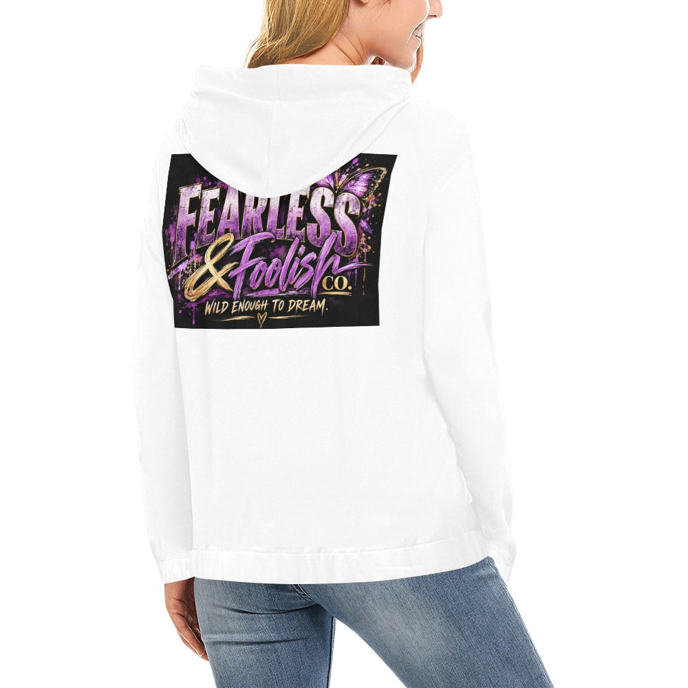 Model wearing a white hoodie with a purple and gold Fearless & Foolish Co. back graphic.