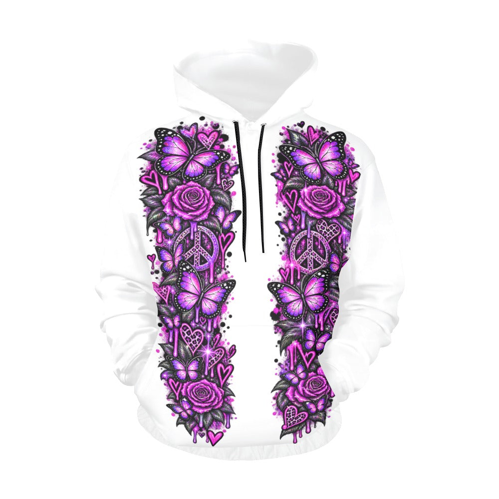 White pullover hoodie with black drawstrings and purple butterfly, rose and peace-sign graphics.