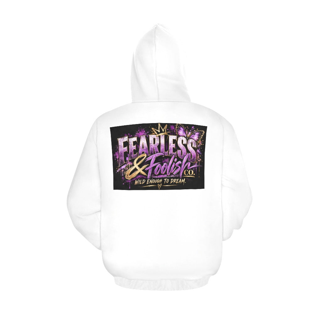 White hoodie with a Fearless & Foolish Co. back graphic reading Wild Enough to Dream.