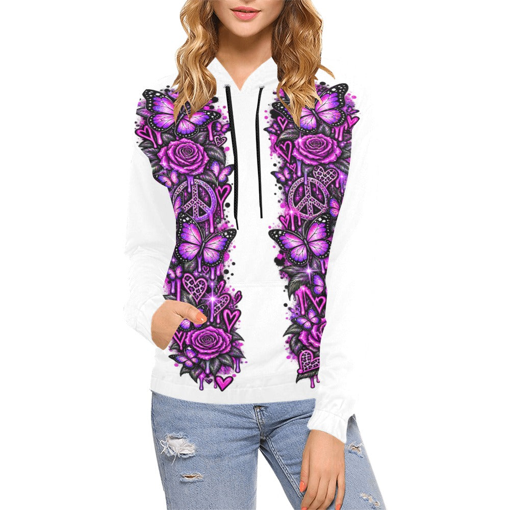 Model wearing a white, all-over print hoodie featuring purple butterfly, rose, heart, and peace-sign graphics.