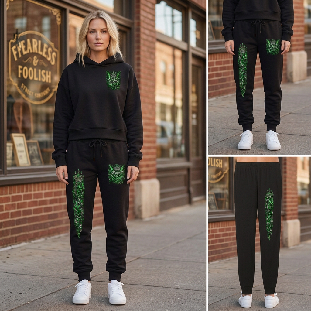 Emerald Crown outfit collage with pants front above back