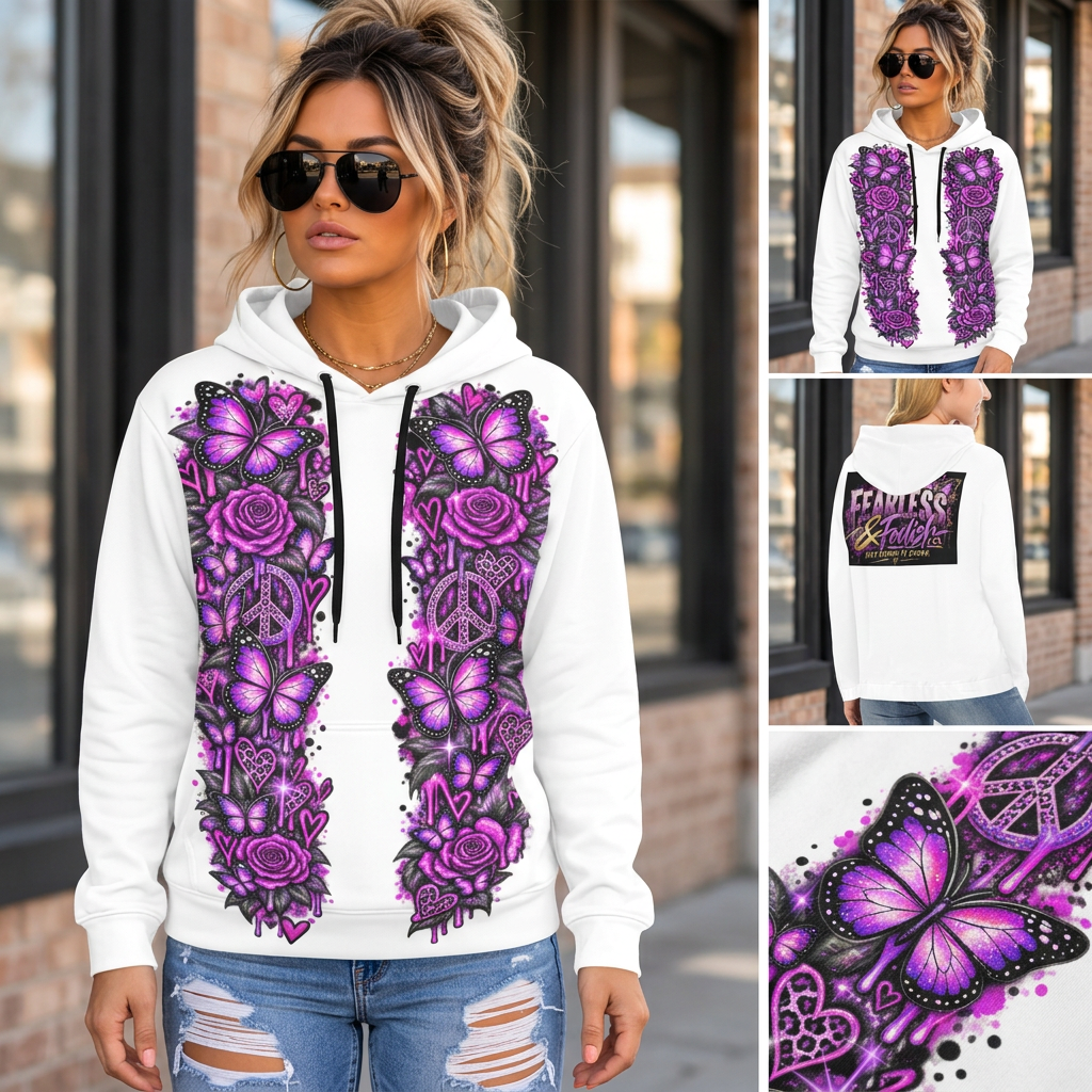 A woman wearing a white pullover hoodie with large purple and black butterfly, rose, and peace-sign graphic prints on the front, shown in a lifestyle collage with front/back views and a close-up inset.