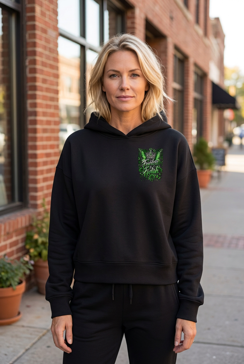 Front view of the black Emerald Crown hoodie with green Fearless & Foolish artwork on the left chest.