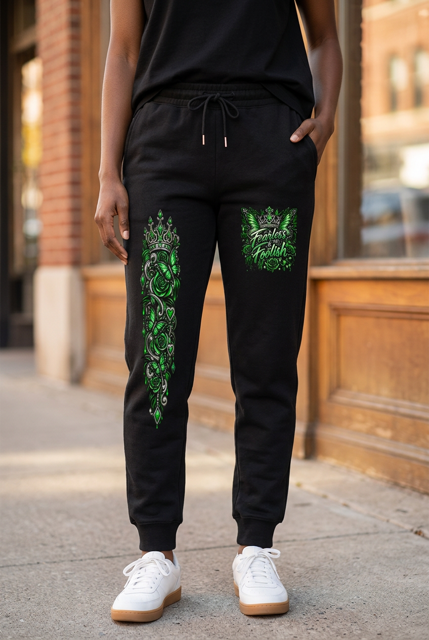 Front view of black Emerald Crown joggers with green crown, rose, and butterfly artwork.