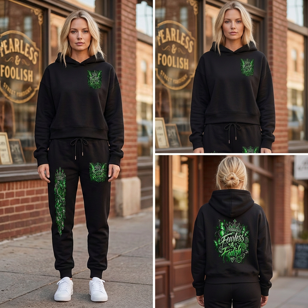 Emerald Crown matching outfit on the left, hoodie front at top right, and hoodie back at bottom right. Hoodie and joggers sold separately.