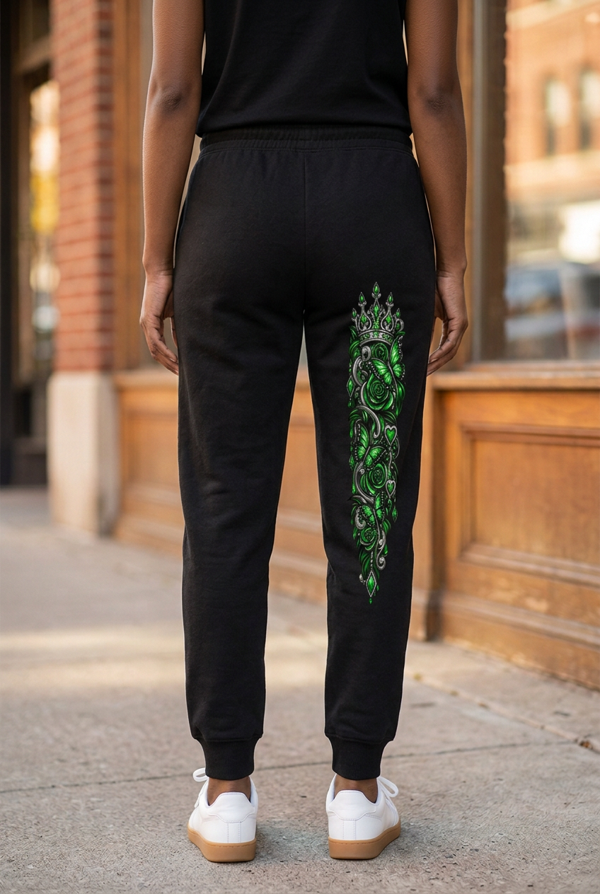 Back view of black Emerald Crown joggers with green decorative artwork on the right rear leg.